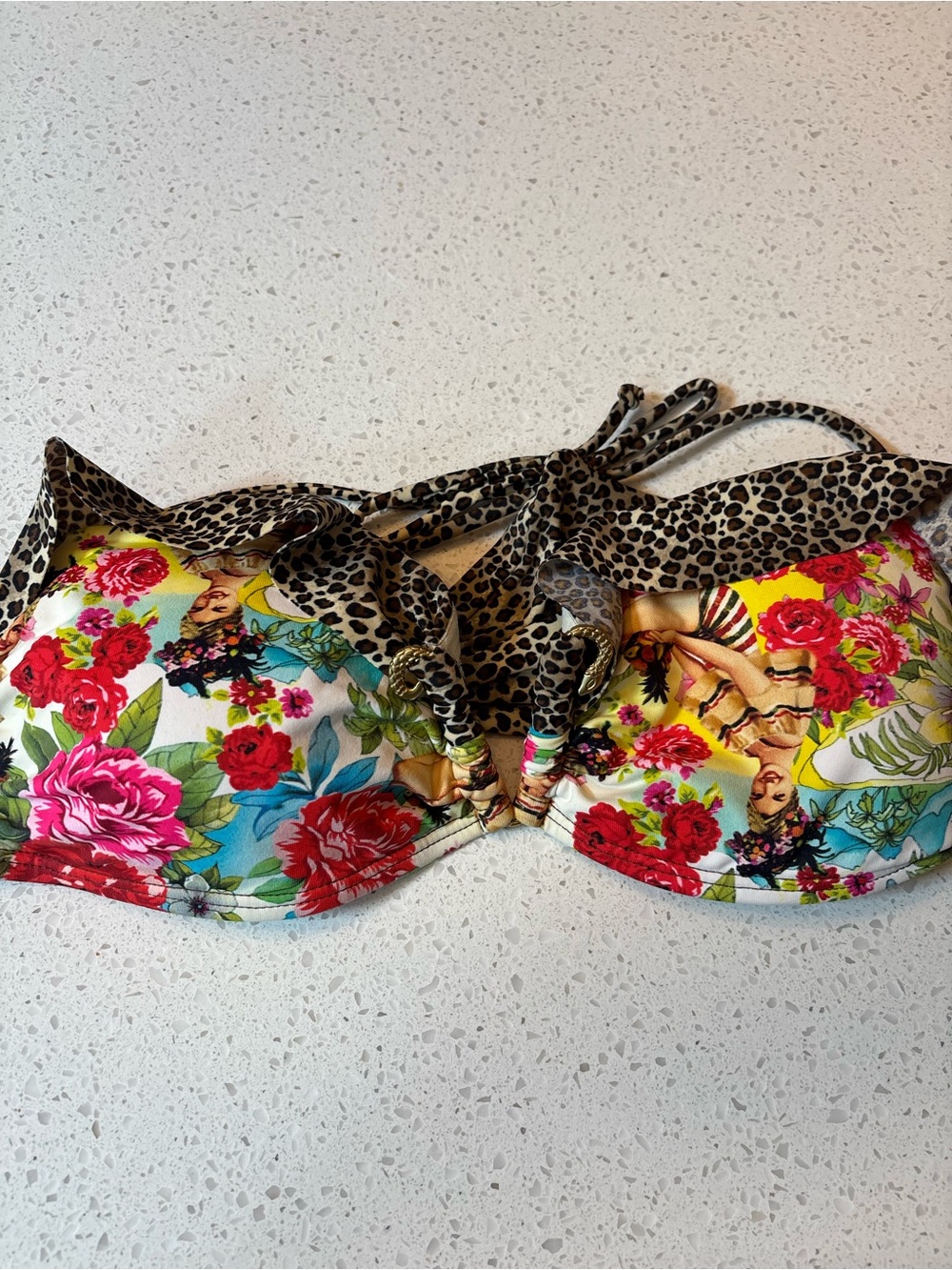 Ondademar Floral & Leopard Print Bikini Top - Multi L
